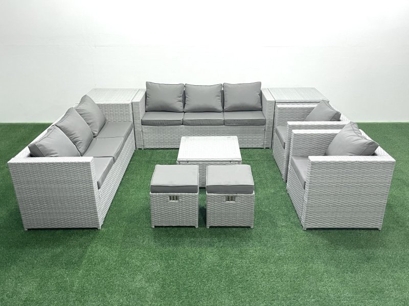 Fimous Outdoor Rattan Sofa Garden Furniture Set with 2 Armchairs Square Coffee Table 2 Small Footstools 2 Side Tables Light Grey Mixed