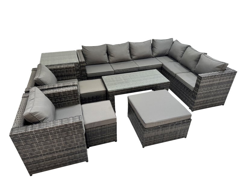 Fimous Outdoor Rattan Oblong Coffee Table Corner Sofa Sets Garden Furniture Set with 2 Chairs 3 Stools Side Table Dark Grey Mixed