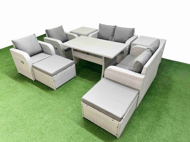 Fimous 8 Seater Outdoor Reclining Chair Love Sofa Set Rattan Garden Furniture Set with Rectangular Dining Table 2 Big FootStools 2 Side Table Light Grey