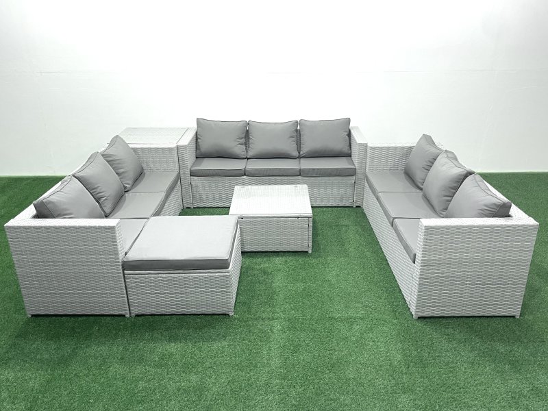Fimous Rattan Garden Outdoor Furniture Set 10 Seater Rattan Garden Sofa Set with Big Footstool Side Table Light Grey Mixed
