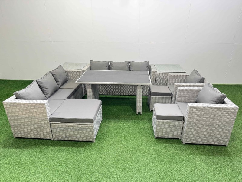 Fimous 11 Seater Wicker PE Rattan Furniture Outdoor Dining Table 3 Seater Sofa Armchair Set with 2 Side Tables 3 Stools Light Grey