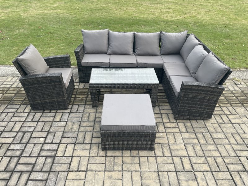 Fimous Rattan Corner Sofa Garden Furniture Set with Big Footstool Rectangular Coffee Table Armchair with Cushion Dark Grey Mixed