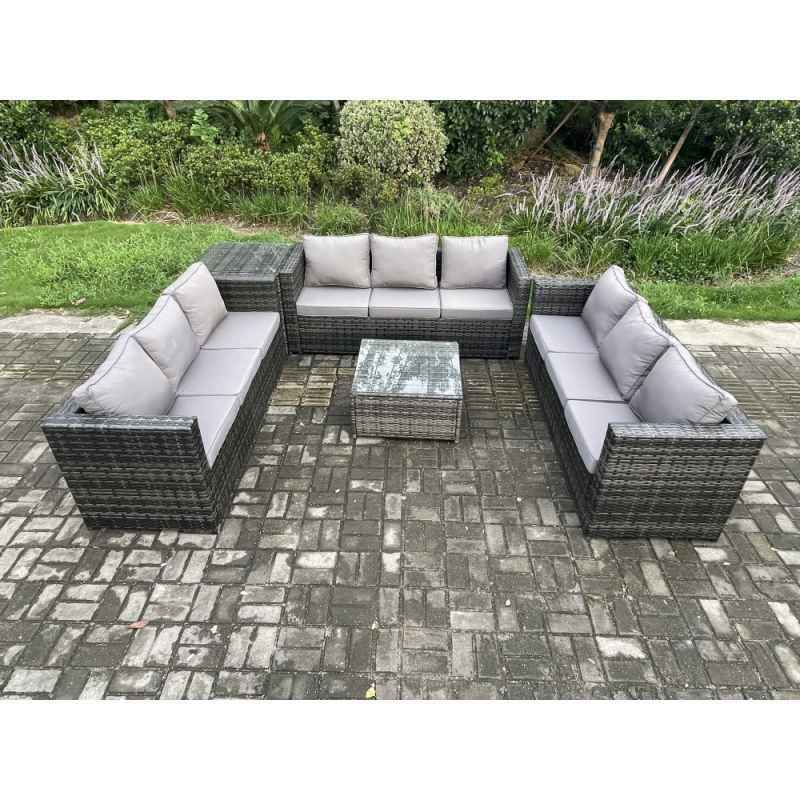 Fimous Rattan Garden Furniture Set 9 Seater Patio Outdoor Lounge Sofa Set with Side Table Square Coffee Table Dark Grey Mixed