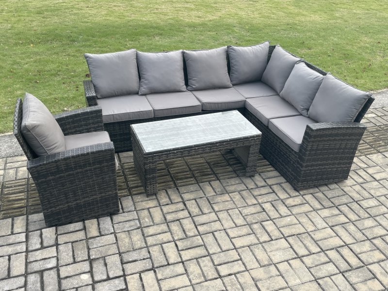 Fimous 7 Seat Rattan Garden Furniture Corner Sofa Set Outdoor Patio Sofa Chair Table Set with Cushions Dark Grey Mixed