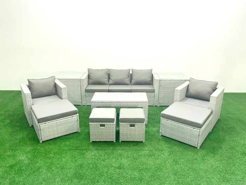 Fimous Rattan Garden Furniture Set Outdoor Lounger Sofa with Coffee Table 4 Footstools 2 Side Tables Light Grey Mixed 9 Seater