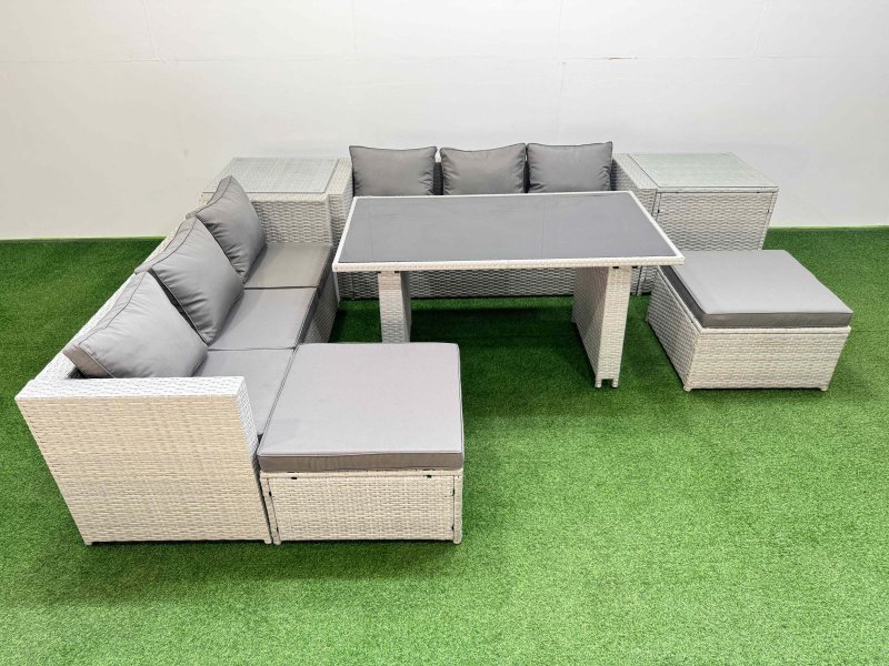 Fimous Rattan Garden Furniture Dining Set 8-seater Patio Rectangular Table Sofa Set with 2 Side Tables 2 Big Stools Light Grey