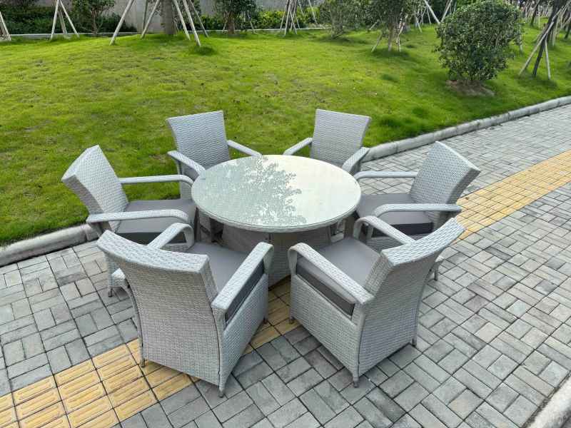 Fimous Rattan Garden Furniture Set with 1 Big Round Coffee Table & 6 Seater Chairs Light Grey Mixed
