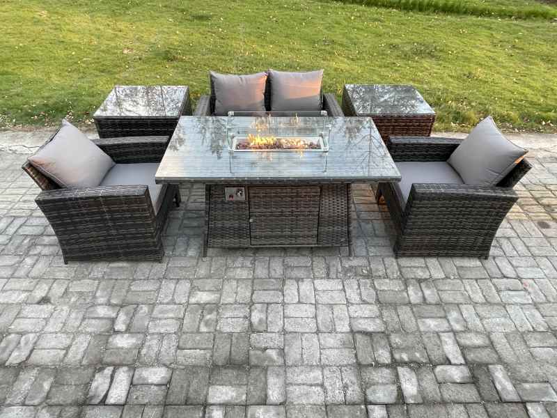 Fimous Outdoor Rattan Sofa Set Garden Furniture Gas Firepit Dining Table Heater with 2 Side Tables Dark Grey Mixed