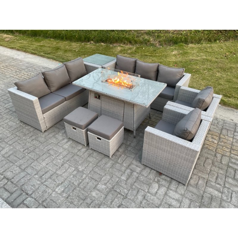 Fimous Light Grey Rattan Fire Pit Garden Furniture Set Gas Heater Burner Lounge Sofa Dining Set Coffee Table Chairs Stool