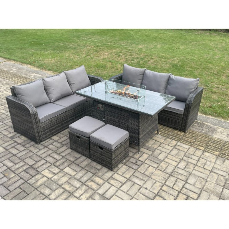 Fimous Rattan Garden Furniture Set with Fire Pit Table 8 Seater Outdoor Lounge Sofa Set Dark Grey Mixed