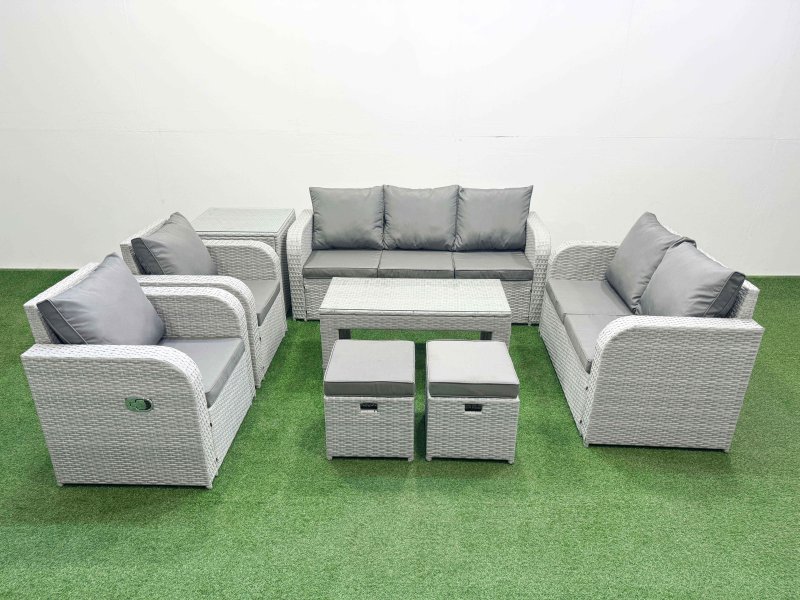 Fimous PE Rattan Garden Furniture Set Adjustable Chair Sofa Double Love Seat 2 Seater Sofa Lounge Set Rectangular Coffee Table 2 Stools Side Table Light Grey