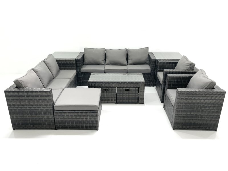 Fimous Rattan Garden Furniture Sofa Set with Coffee table Armchair 2 Side Tables 3 Footstools Dark Grey Mixed