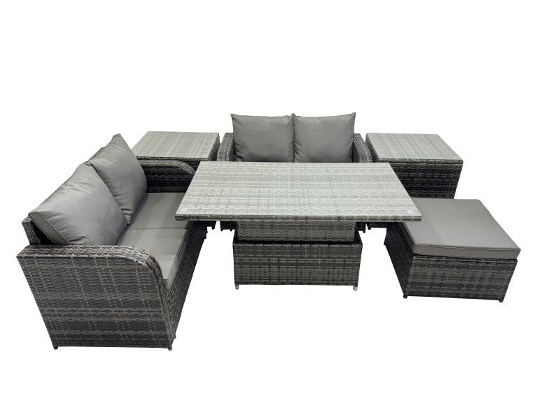 Fimous 5-seater Patio Height Adjustable Rising Lifting Table Sofa Sets Rattan Garden Furniture Dining Set with Big Stool 2 Side Tables Dark Grey Mixed