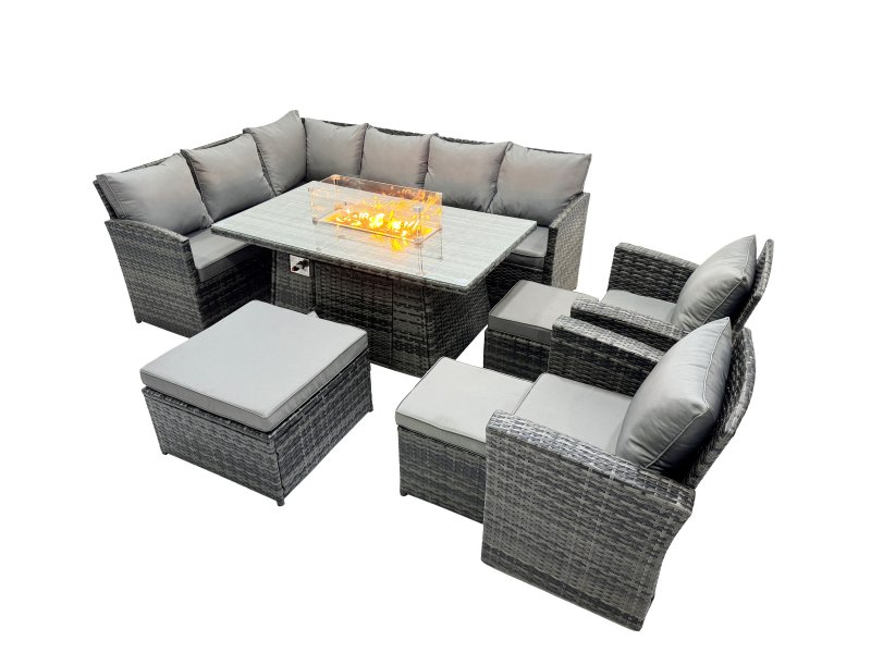 Fimous 11 Seat Poly Rattan Outdoor Patio Gas Firpit Dining Table Corner Sofa Set with 3 Stool 2 Chairs for Garden Backyard Dark Grey Mixed