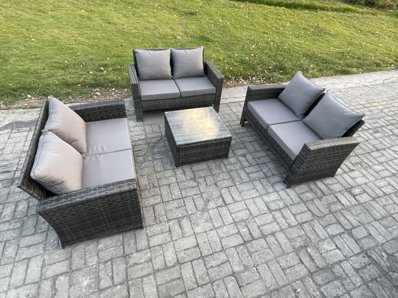 Fimous 6 Seater Rattan Wicker Garden Furniture Patio Conservatory Sofa Set with Square Coffee Table Double Seat Sofa