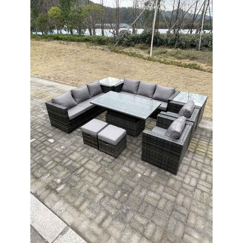 Fimous 9 Seater?Outdoor Rattan Garden Furniture Set Adjustable Rising Lifting Dining Table With Side Table Chairs Stools Dark Grey Mixed