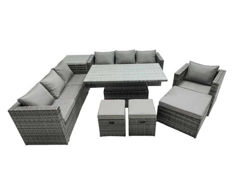Fimous PE Rattan Garden Furniture Set Lounge Sofa Rising Dining Table Set with Side Table 3 Footstool Dark Grey Mixed