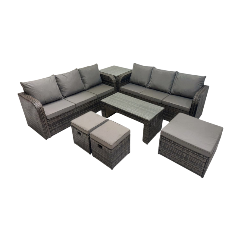 Fimous Rattan Garden Outdoor Furniture Set 3 Seater Sofa Coffee Table with 3 Footstools Side Table Dark Grey Mixed