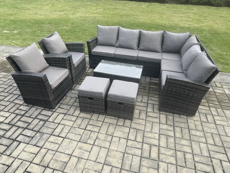 Fimous 10 Seater High Back Outdoor Garden Furniture Set Rattan Corner Sofa Set With Rectangular Coffee Table 2 Small Footstools Armchairs Dark Grey Mixed