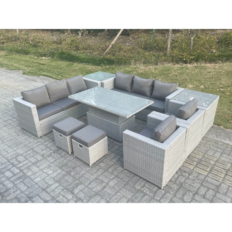 Fimous Rattan Garden Funiture Set Adjustable Rising Lifting Table Sofa Dining Set Lounge Chair 2 Side Table Stool