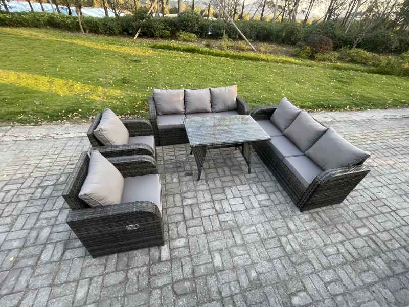 Fimous 8 Seater Rattan Outdoor Garden Furniture Sofa Set Patio Table & Chairs Set with 3 Seater Sofa Rectangular Dining Table Dark Grey Mixed