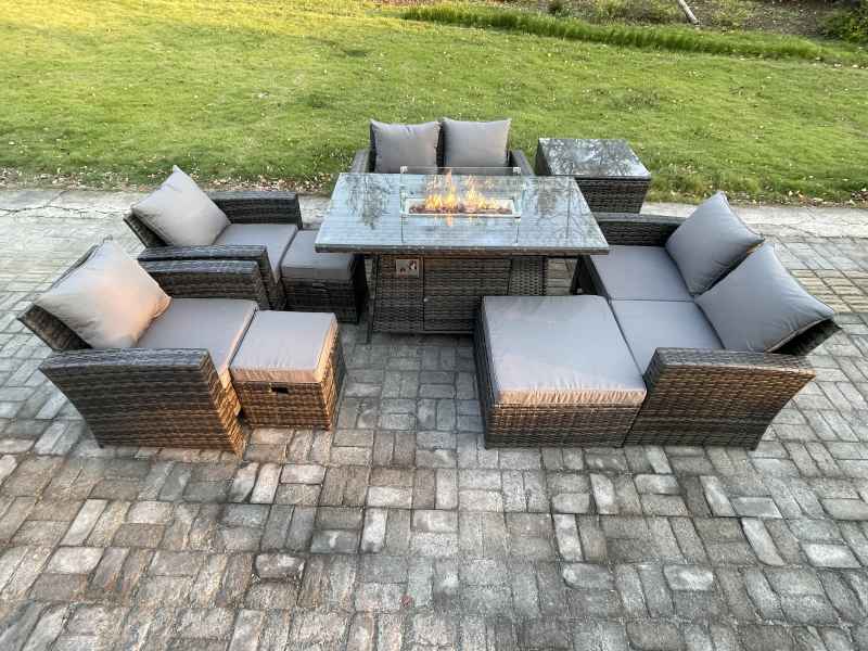 Fimous Outdoor Garden Furniture Sets 9 Pieces Wicker Rattan Furniture Gas Firepit Dining Table Sofa Set with 3 Footstools Side Table Dark Grey Mixed