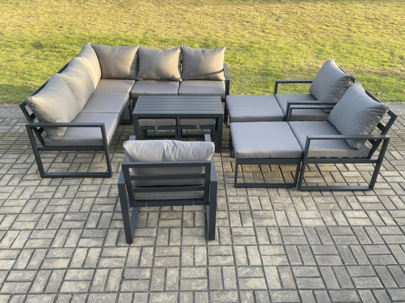 Fimous 12 Seater Aluminium Outdoor Garden Furniture Set Patio Lounge Sofa with Oblong Coffee Table Chair 2 Small Footstools Big Footstool Dark Grey