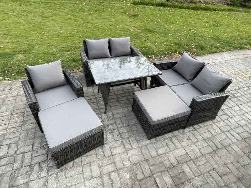 Fimous Garden Dining Set Wicker PE Rattan Outdoor Furniture Sofa with Rectangular Dining Table Double Seat Sofa 2 Big Footstool Armchair Dark Grey Mixed
