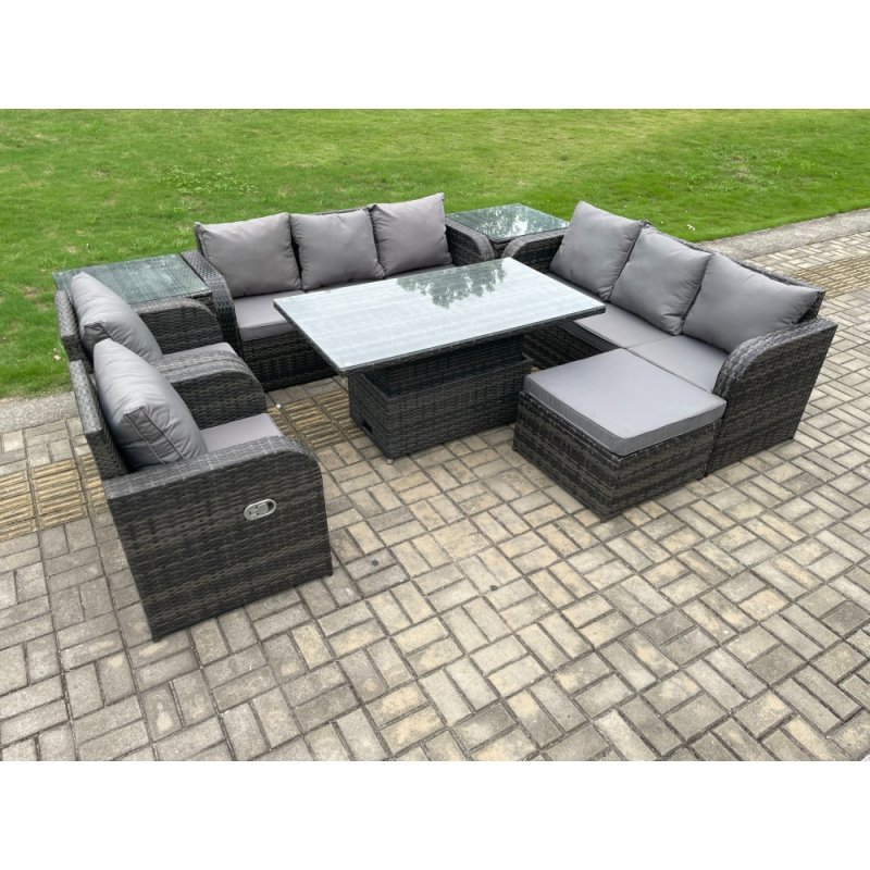 Fimous Rattan Outdoor Garden Furniture Sets Height Adjustable Rising lifting DiningTable Sofa Set with Reclining Chair 2 Side Table Big Footstool Dark Grey Mixed