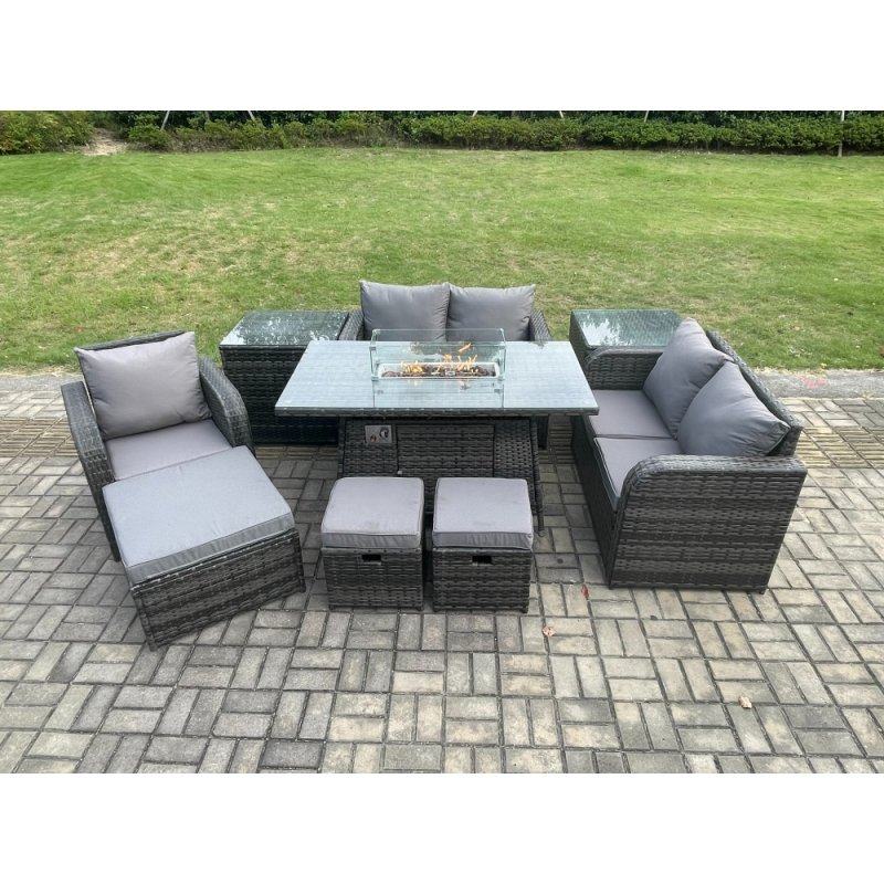 Fimous Outdoor Sofa Rattan Garden Furniture Set Patio Gas Fire Pit Dining Table and Reclining Chair set with 2 Side Tables 3 Footstools Dark Grey Mixed
