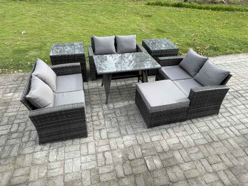 Fimous 7 PCS Outdoor Lounge Sofa Set Wicker PE Rattan Garden Furniture Set with Rectangular Dining Table Love Seat Sofa 2 Side Tables Big Footstool Dark Grey Mixed
