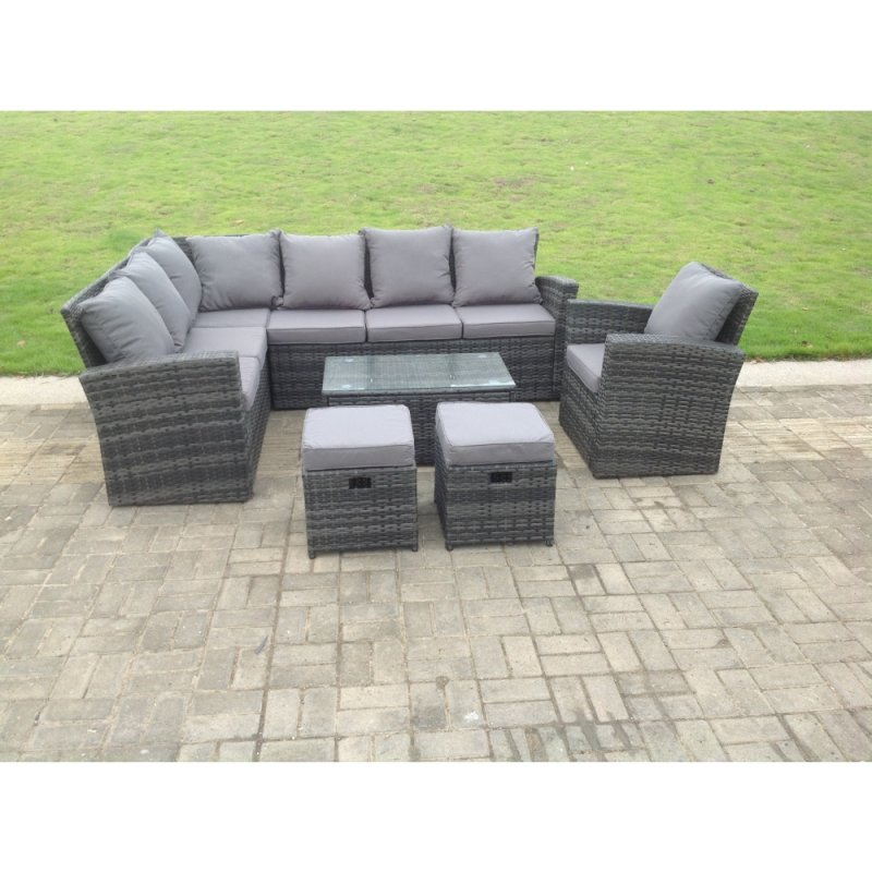 Fimous 9 Seater High Back Rattan Garden Furniture Set Corner Sofa With Oblong Coffee Table Footstool With Chair
