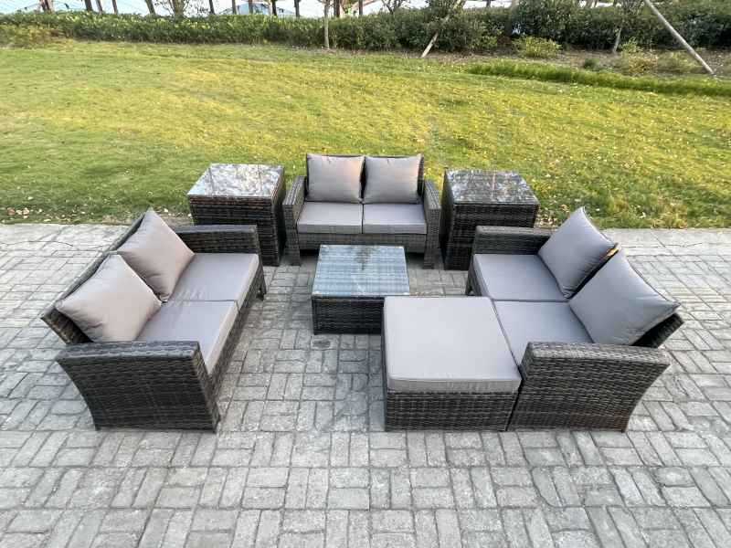 Fimous 7 PCS Outdoor Lounge Sofa Set Wicker PE Rattan Garden Furniture Set with Square Coffee Table Double Seat Sofa 2 Side Tables Big Footstool Dark Grey Mixed