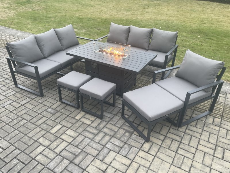 Fimous Aluminium 7 Pieces Garden Furniture Sofa Set with Cushions 10 Seater Gas Fire Pit Dining Table Set with 3 Footstools Dark Grey