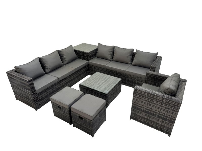 Fimous 9 Seater Garden Outdoor Rattan Furniture Set Patio Corner Sofa Coffee Table with Side Table 2 Small Stool Dark Grey
