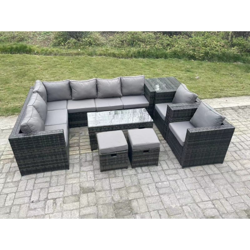 Fimous 10 Seater Rattan Corner Sofa Lounge Sofa Set With Rectangular Coffee Table Side Table 2 Arm Chair and 2 Stools Dark Grey Mixed