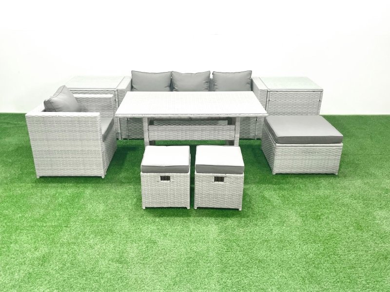 Fimous Rattan Garden Furniture Dining Set 7 Seater Lounge Sofa Chair Dining Table Set with 3 Footstools 2 Side Tables Light Grey Mixed