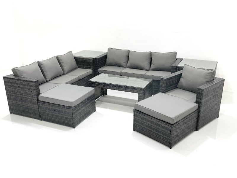 Fimous 9 Seater Rattan Garden Outdoor Furniture Set with 3 Seater Sofa Coffee Table 2 Big Footstool 2 Side tables