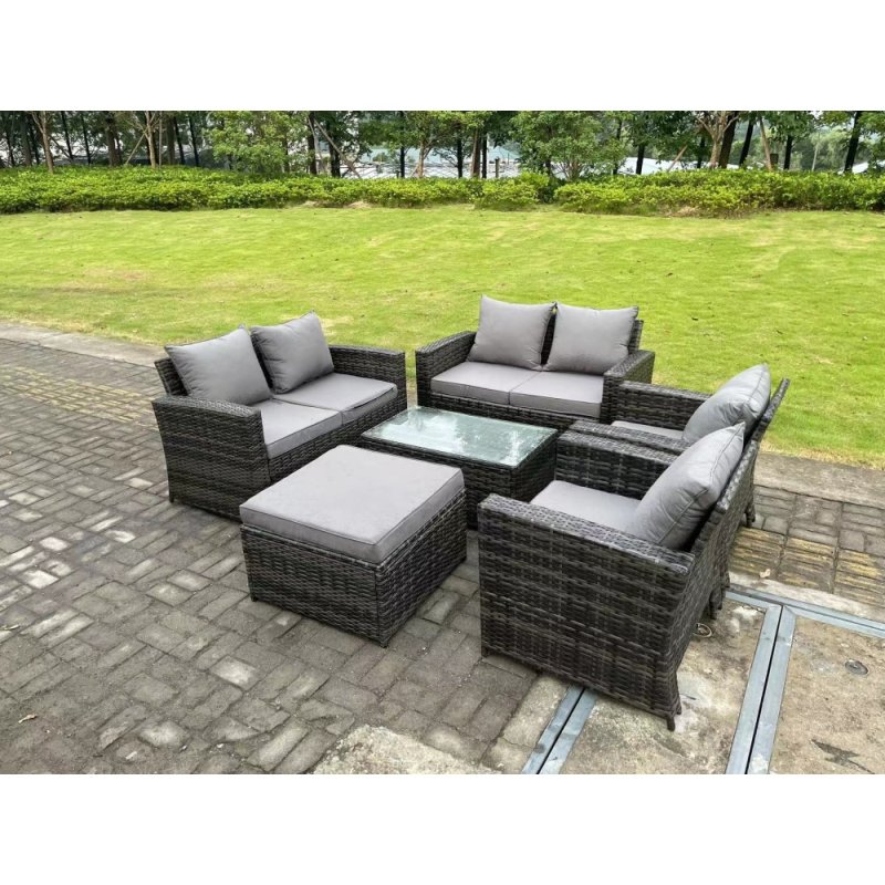 Fimous 7 Seater Dark Grey Mixed High Back Rattan Sofa Set Rectangular Coffee Table Garden Furniture Outdoor Patio