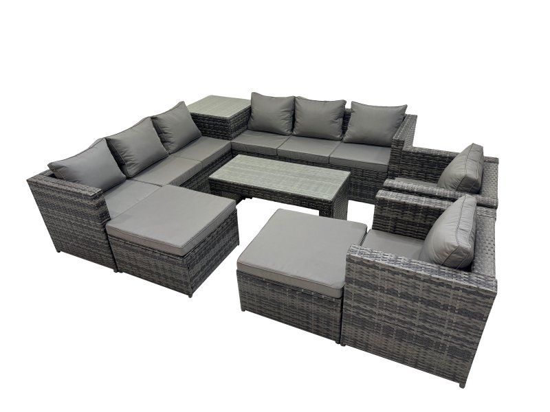 Fimous Garden Rattan Outdoor Furniture Set 10 Seater Patio Corner Sofa Oblong Coffee Table with Chair 2 Big Stool Side Table Dark Grey