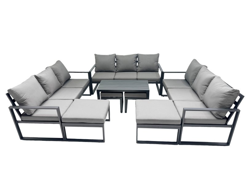 Fimous Outdoor Garden Furniture Set Aluminium Lounge 3 Seat Sofa Oblong Coffee Table Sets with 4 Stools Dark Grey