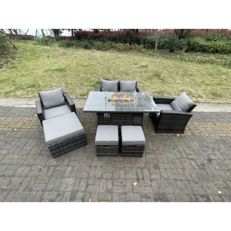 Fimous Rattan Outdoor Furniture Gas Fire Pit Rectangle Dining Table Gas Heater Chairs Two Seater Love Sofa Sets 3 Footstools 7 Seater