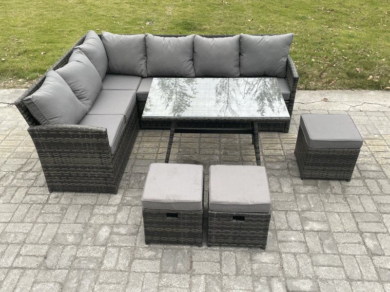Fimous Wicker Rattan Garden Furniture Corner Sofa Set with Oblong Dining Table 3 Small Footstools 9 Seater Outdoor Rattan Set Dark Grey Mixed