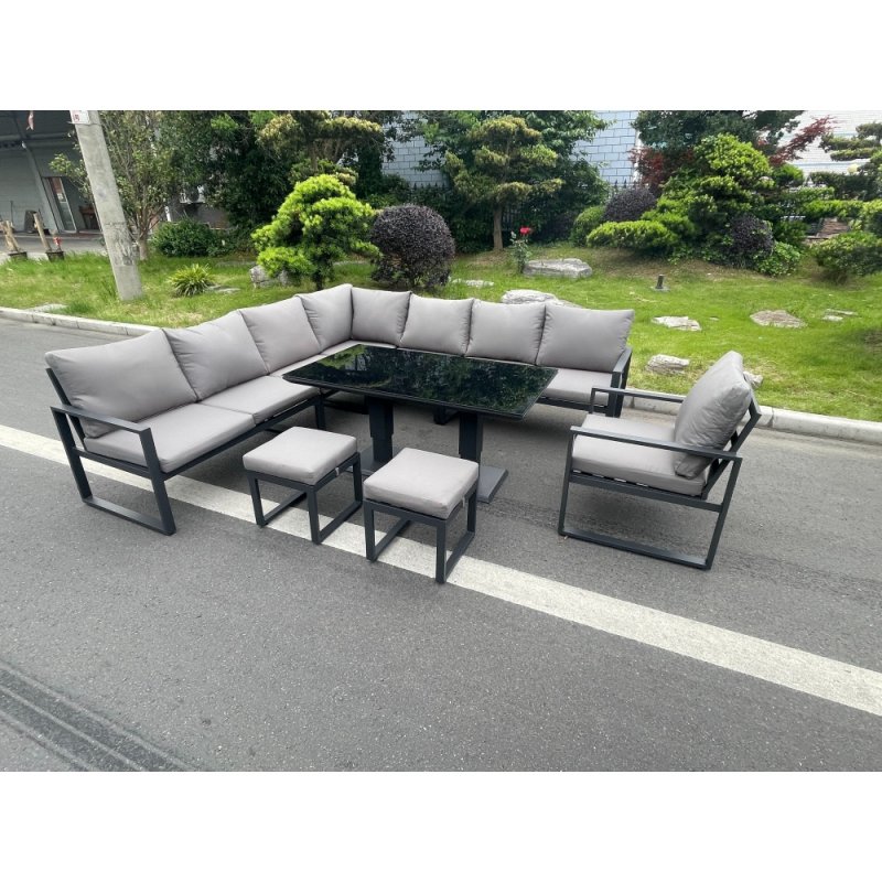 Fimous Aluminum Outdoor Garden Furniture Corner Sofa Chair 2 PC Stools Adjustable Rising Lifting Dining Table Sets Black Tempered Glass Dark Grey 10 Seater