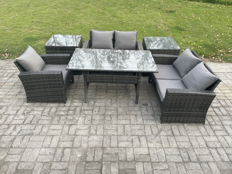 Fimous Wicker Rattan Garden Dining Set Outdoor Furniture Sofa with Dining Table Double Seat Sofa 2 Side Tables Dark Grey Mixed