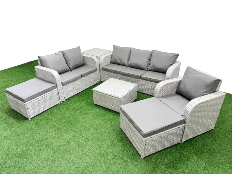 Fimous Patio PE Wicker 8 Seater Outdoor Rattan Furniture Sofa Sets with Square Coffee Table Reclining Chair Loveseat Sofa 3 Seater Sofa 2 Big Footstools Light Grey