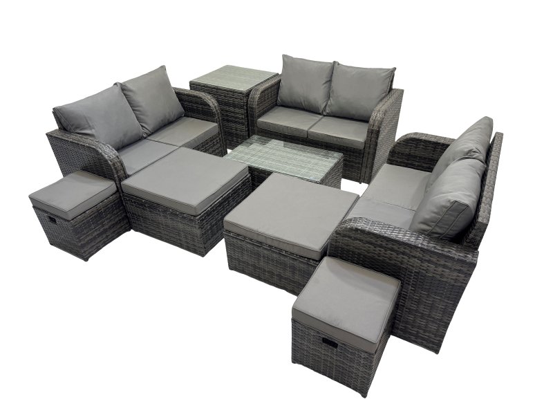 Fimous Outdoor Love Sofa Coffee Table Set Garden Rattan Furniture Set 10 Seater with 4 Stools Side Table Dark Grey
