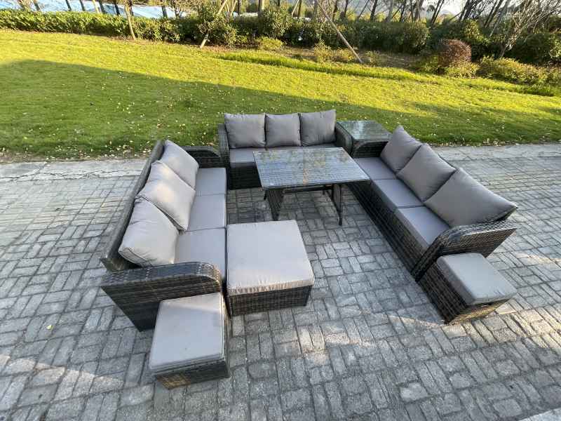 Fimous 12 Seater Wicker Rattan Garden Furniture Set with Rectangular Dining Table Side Table 3 Footstools Patio Outdoor Lounge Sofa Set