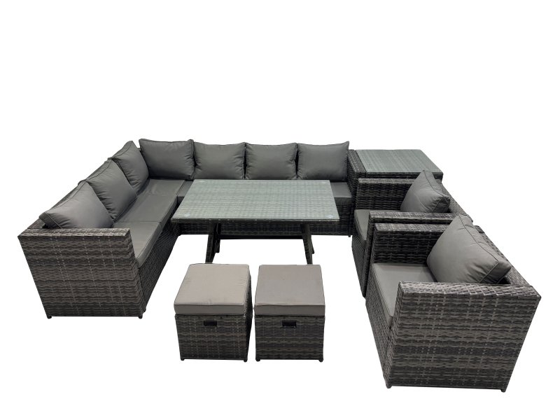 Fimous 10-seater Outdoor PE Rattan Sofa Set with Dining Table Patio Garden Furniture Sets with 2 Chair 2 Small Stools Side Table Dark Grey Mixed