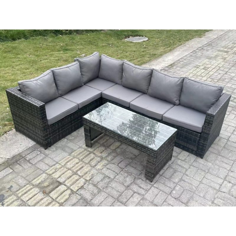Fimous 6 Seater Rattan Corner Sofa Lounge Sofa Set With Rectangular Coffee Table Dark Grey Mixed Left Hand